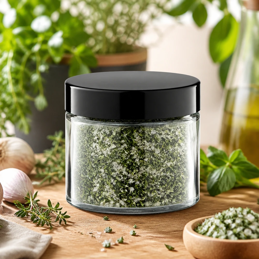 Hersluitbare glazen pot van 30 ml met gedroogde tijm en zout op een houten ondergrond