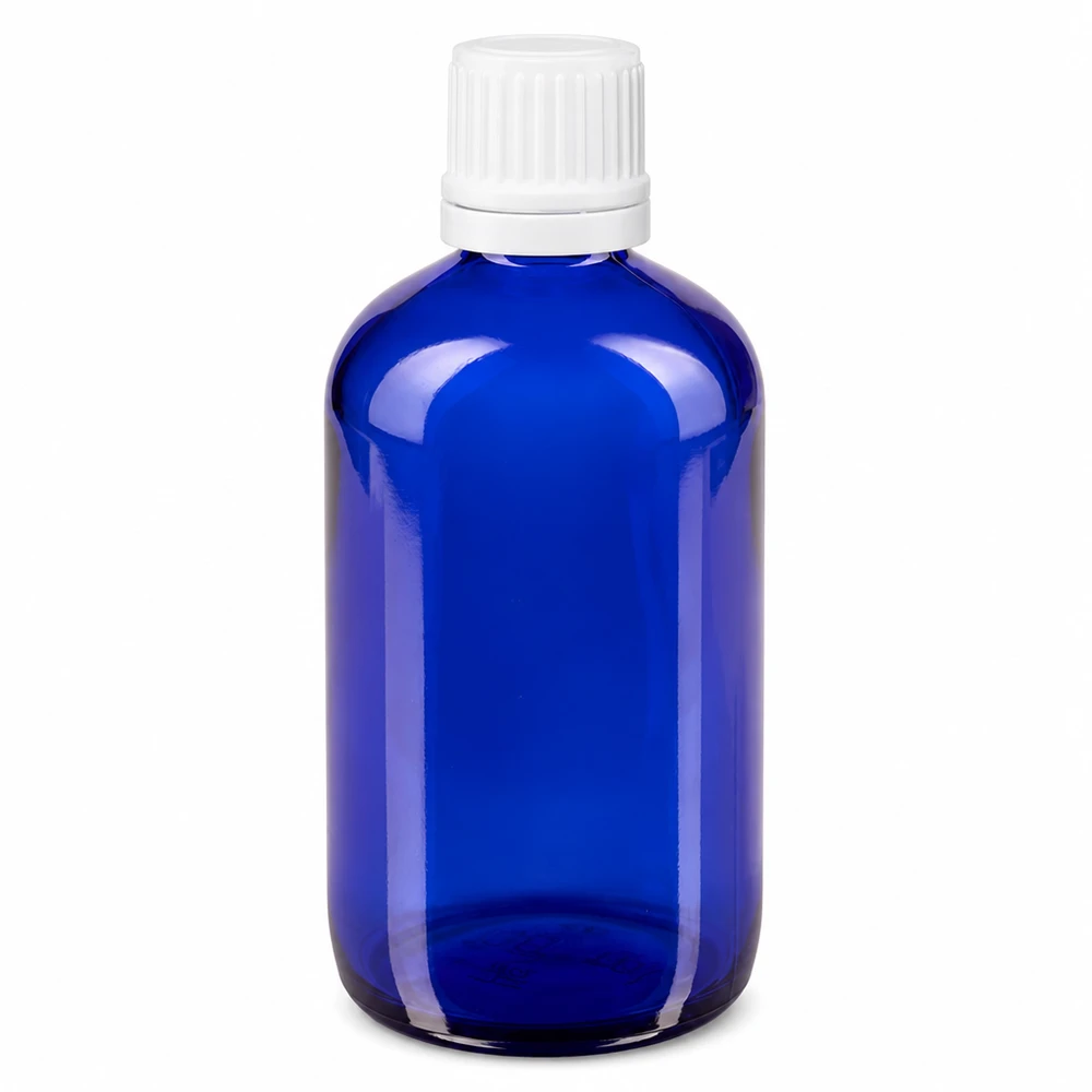 Blauwe glazen flessen 100ml met wit druppelsluiting 1.2mm VR Blauwe apothekersfles van 100 ml, van borosilicaatglas, met witte OV-veiligheidssluiting en druppelinzetstuk