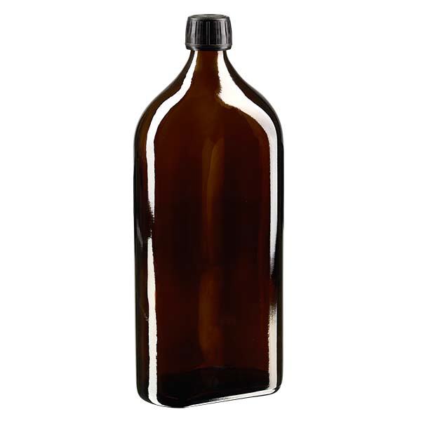 1000 ml bruine meplatfles met PP 28 monding, inclusief schroefsluiting DIN 22 zwart van EPE 1000 ml bruine meplatfles met PP 28 monding, inclusief schroefsluiting DIN 22 zwart van EPE
