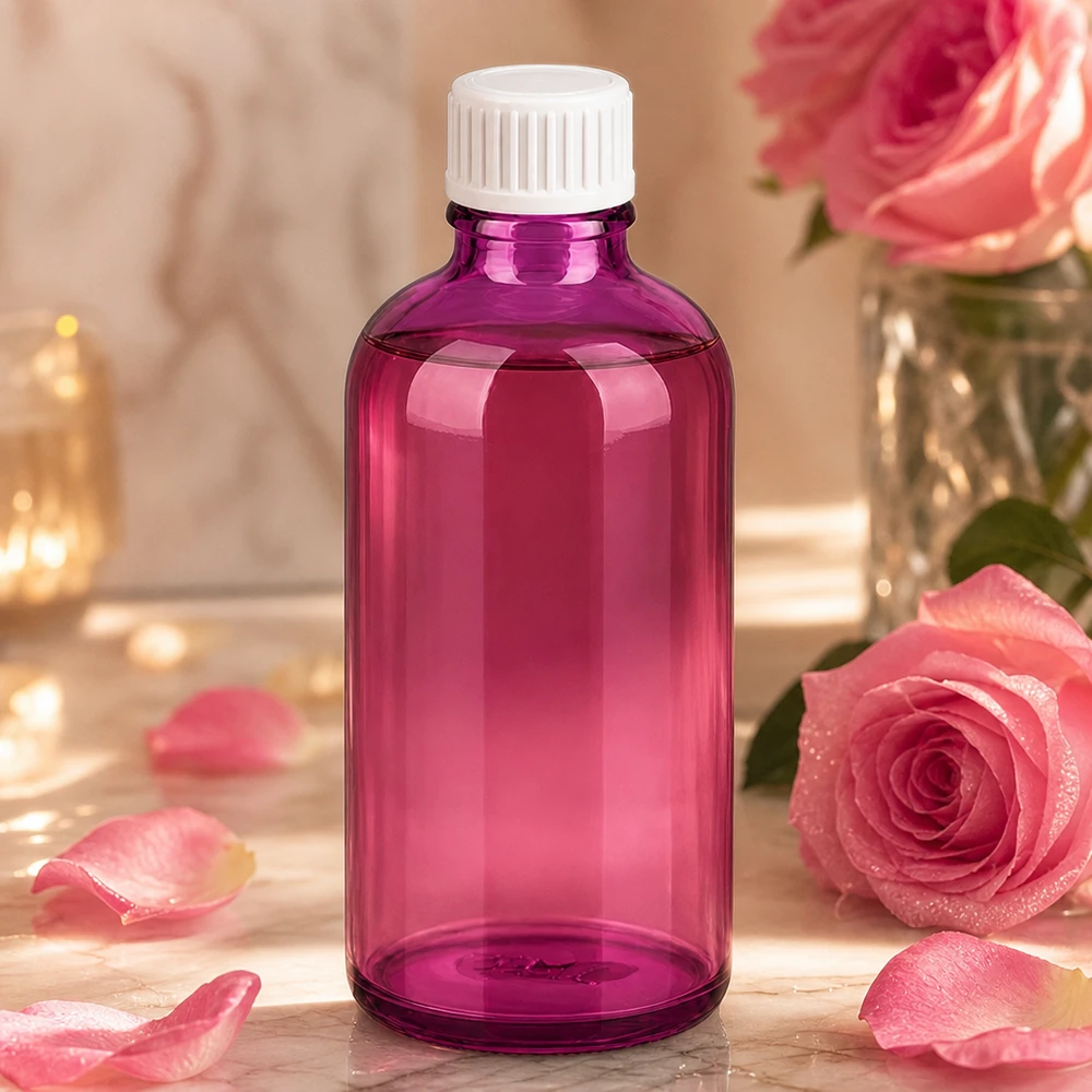 100ml (bol)fles 3mm schenkring wit Standaard PurpleLine. UT18/100 Elegante paarse glazen fles met een inhoud van 100 ml, ideaal voor serums en geconcentreerde actieve ingrediënten
