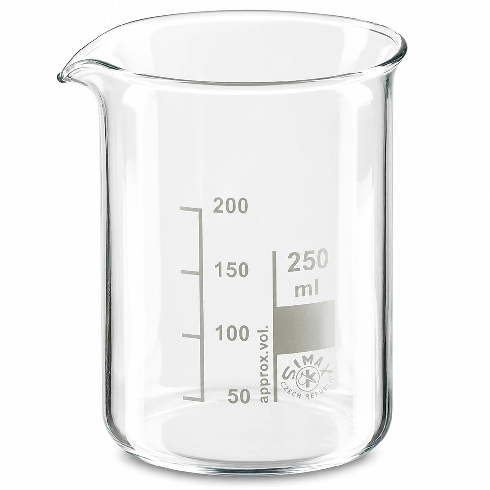 Laboratoriumbeker 250 ml lage vorm gemaakt van borosilicaatglas met precieze milliliterverdeling