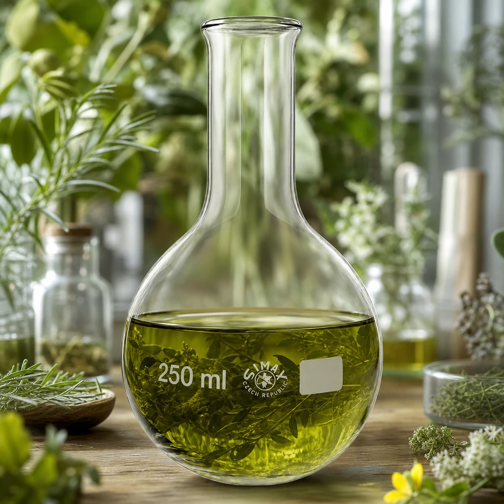 Staande kolf 250ml smalle hals met goudgroene vloeistof voor een groene plantenachtergrond