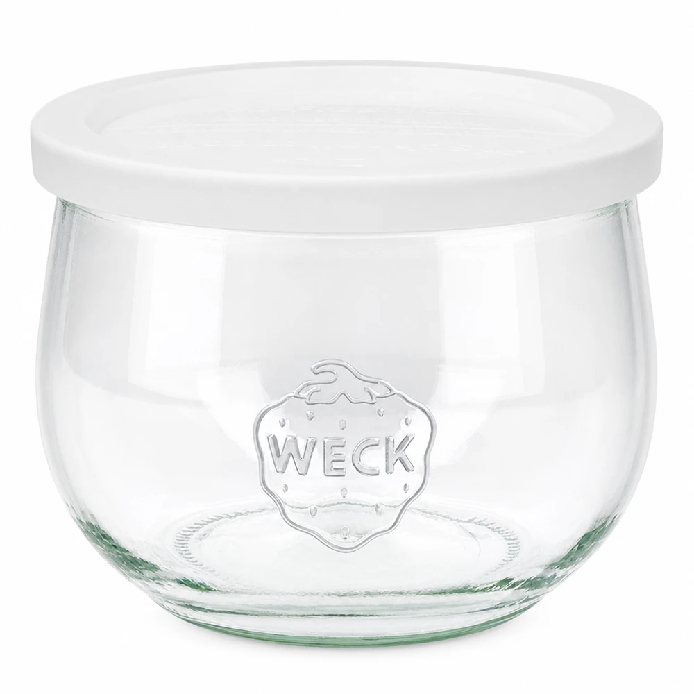 580ml tulpenglas met vershouddeksel WECK RR100 WECK tulpenpot 580ml met wit vershouddeksel RR100 inmaakpot transparant met WECK logo