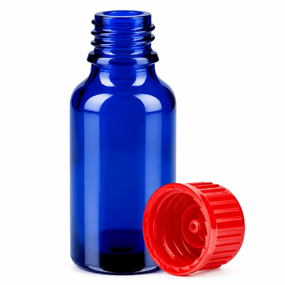 Professionele laboratoriumfles 20ml in kobaltblauw met rode 11mm standaard schroefdraad