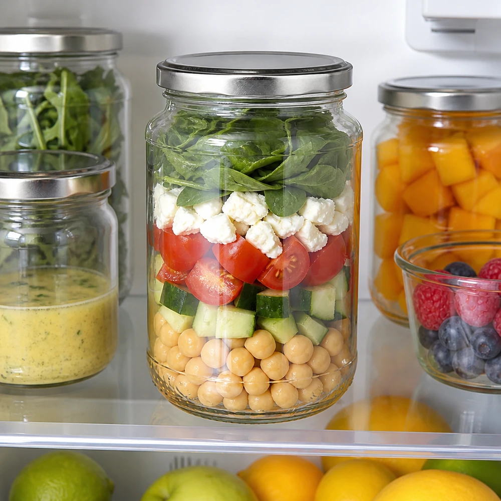 Rond glas van 320 ml + BasicSeal zilver UNiTWIST Doorzichtig inmaakglas van 320 ml met zilverkleurige BasicSeal-deksel voor het in lagen bewaren van salades in de koelkast