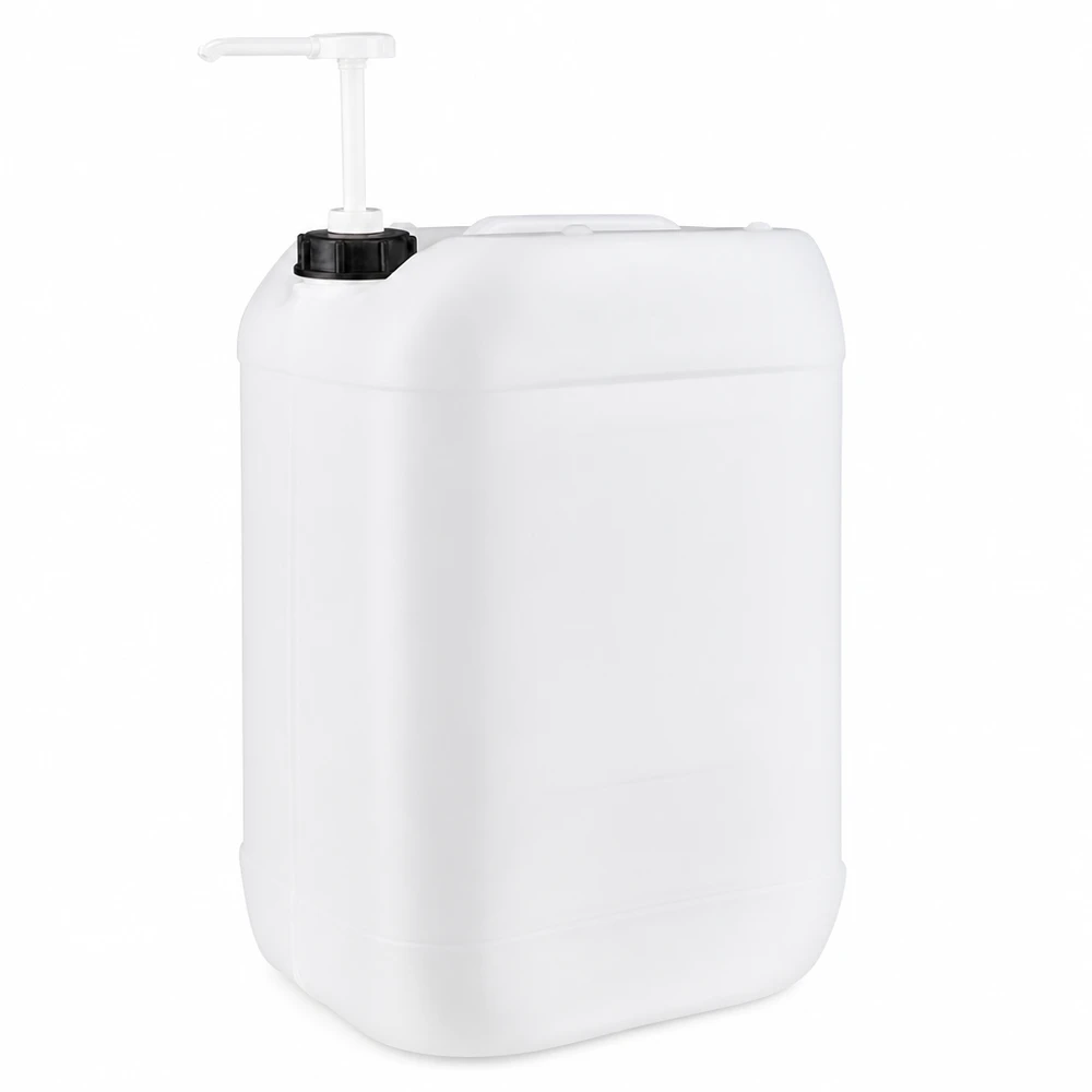 25l Jerrycan, UN-toelating, met doseerpomp Stevige witte industriële jerrycan van 25 liter met ergonomische pomp en schroefdeksel