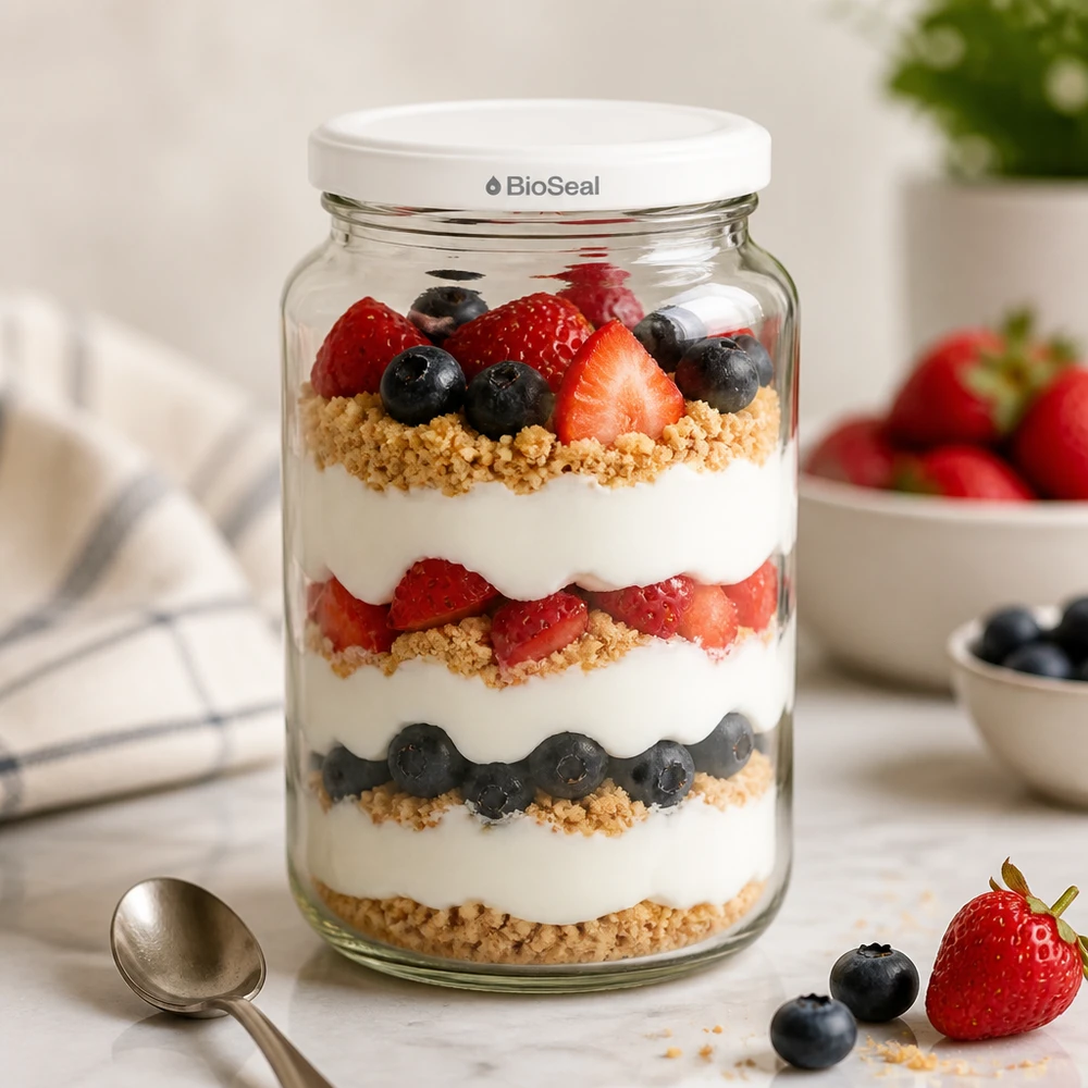 382ml rond glas met BioSeal deksel wit UNiTWIST UNiTWIST Runda382 als dessertpotje - yoghurt in laagjes met bessen en granola in een BioSeal inmaakpotje