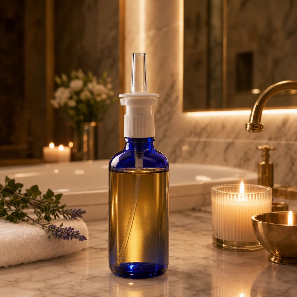 Farmaceutische neussprayfles van 50 ml, blauw met een witte STD-dop en een doorzichtige spuitmond
