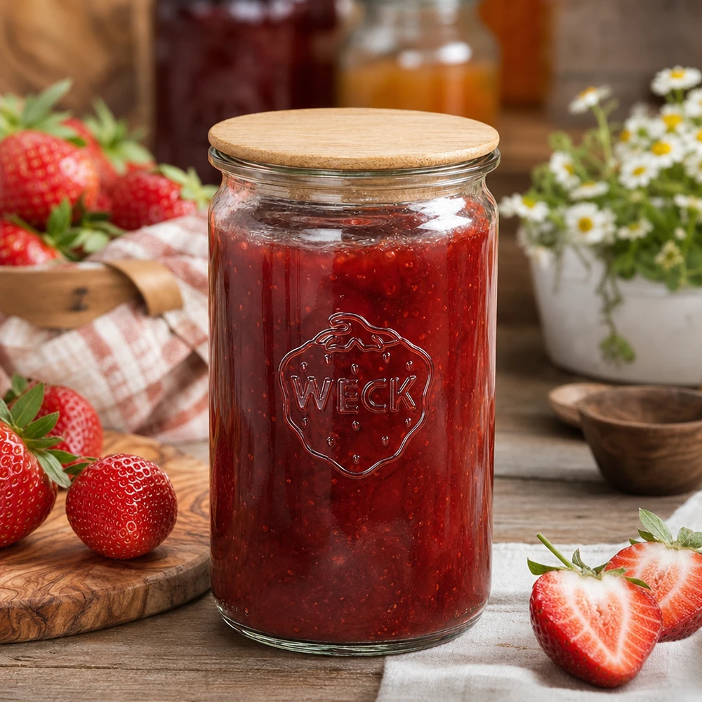 WECK voorraadpot 340ml gevuld met aardbeienjam naast verse aardbeien op een rustieke houten tafel