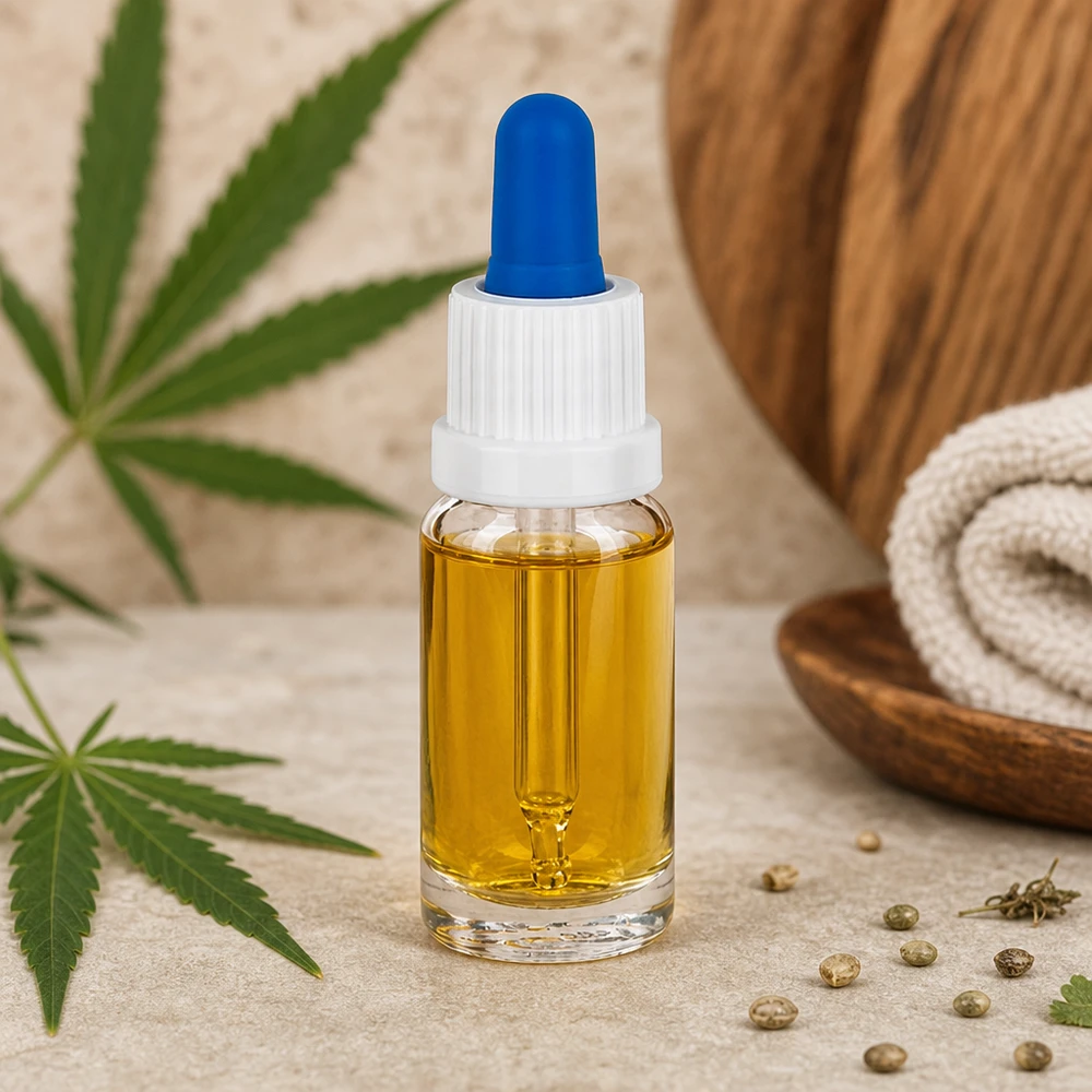 Pipetflesje van 10 ml van helder glas, gevuld met CBD-olie, met daarnaast cannabisbladeren en hennepzaden