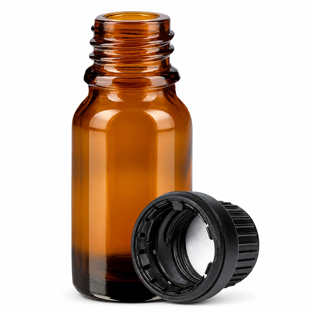 10ml amberkleurig glazen flesje UT18/10 met SV zwart OV voor farmaceutische en laboratoriumtoepassingen