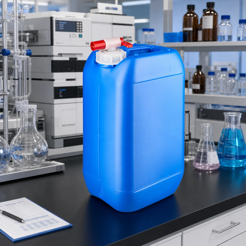 Stevige kunststof jerrycan van 15 liter in blauw, met ingebouwde aftapkraan en draaggreep