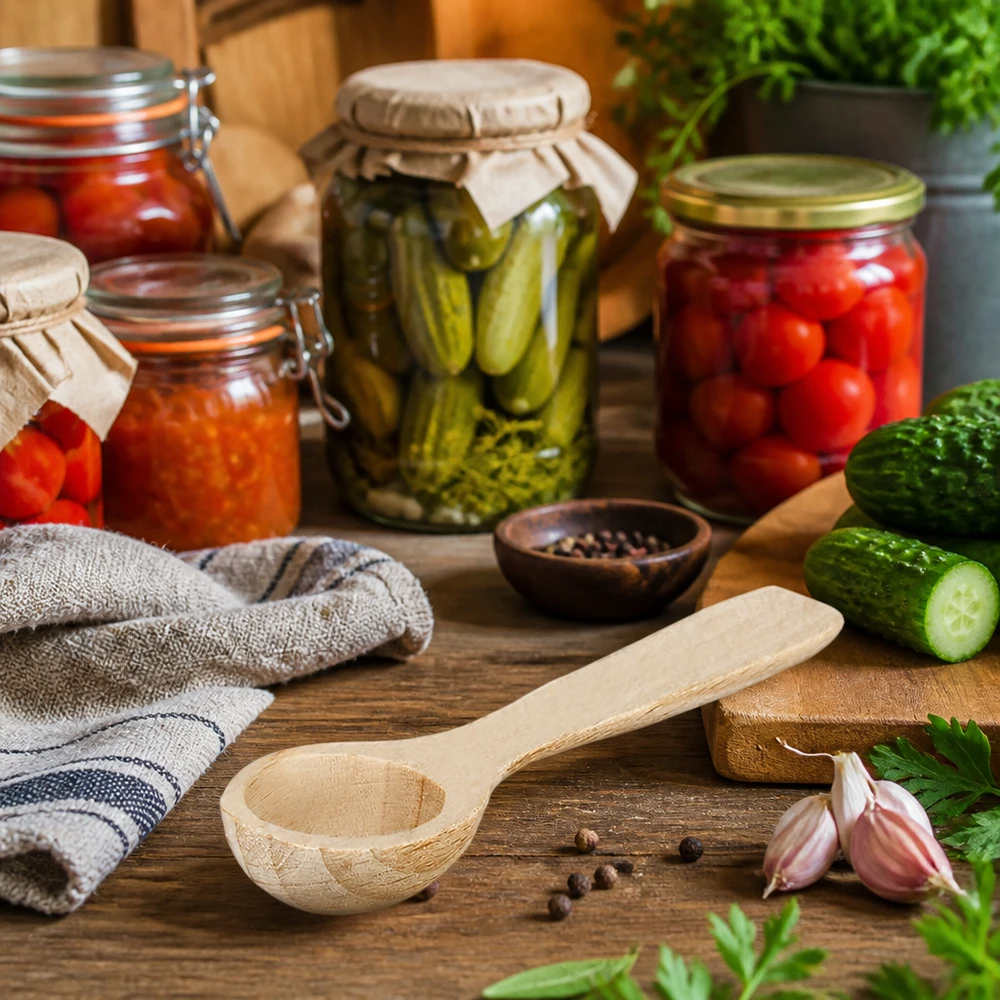 Kleine houten schep in een rustieke keuken met inmaakpotjes, specerijen en verse kruiden Sfeer van de keuken