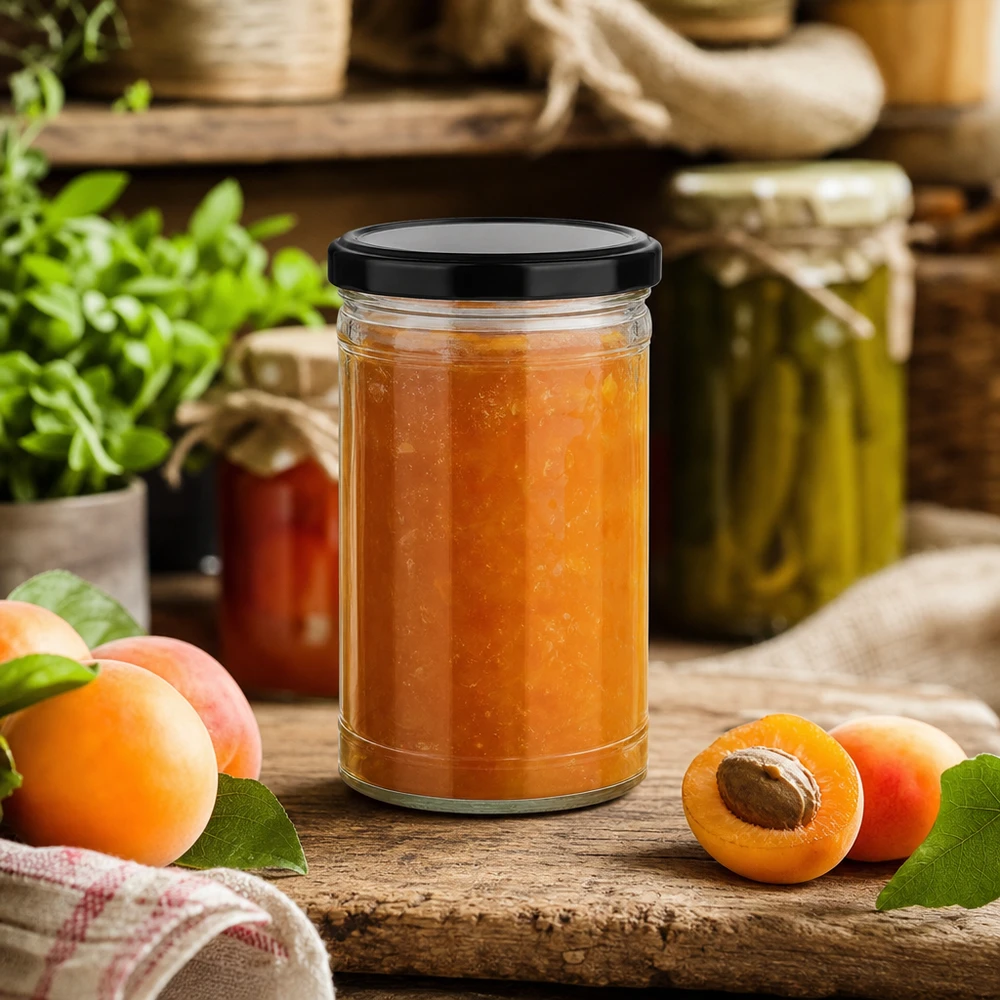 1053ml mason jar met zwart deksel gevuld met abrikozenjam in rustieke keuken met vers fruit