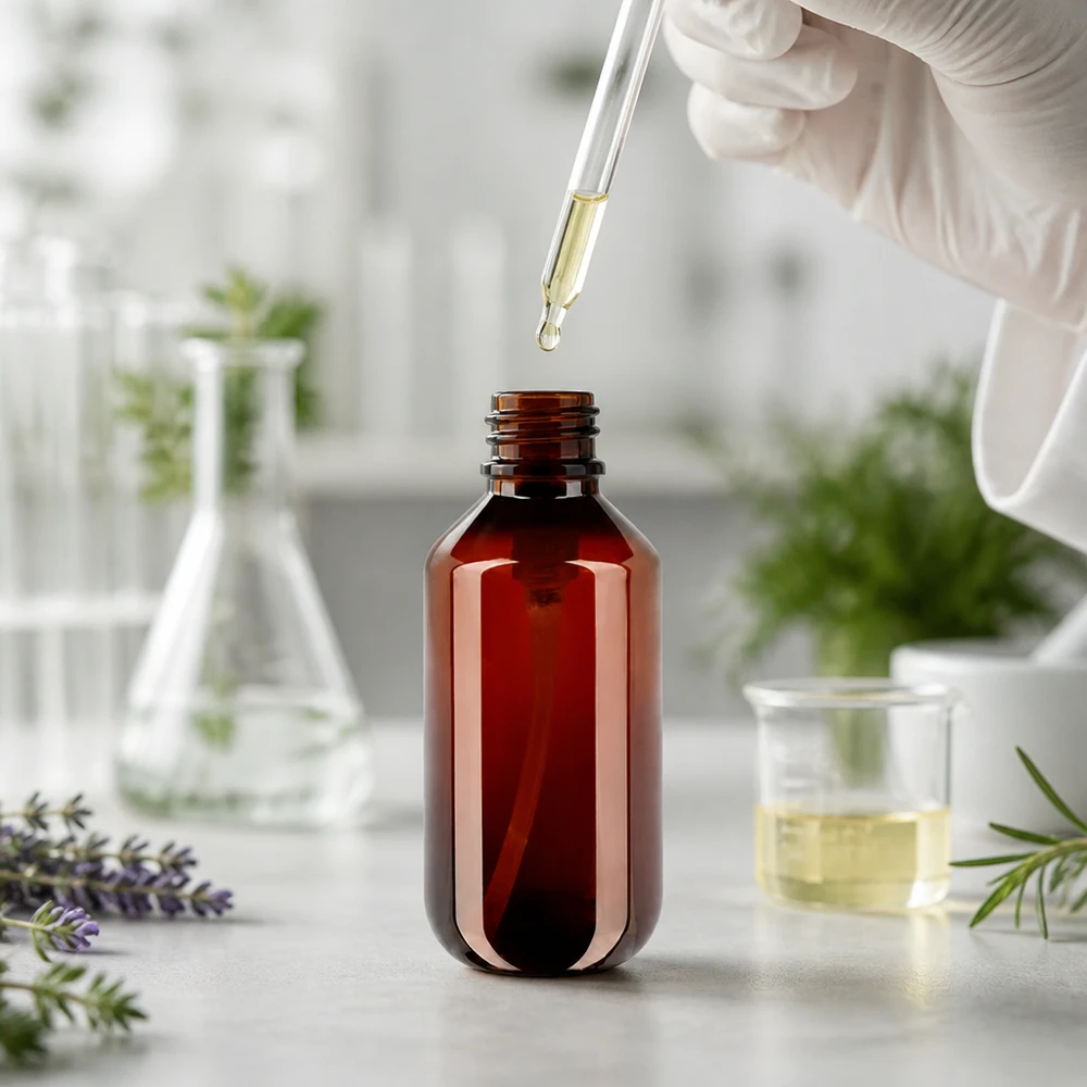 Donkere kunststof fles van 200 ml met doseerpomp, ideaal voor lichtgevoelige verzorgingsoliën