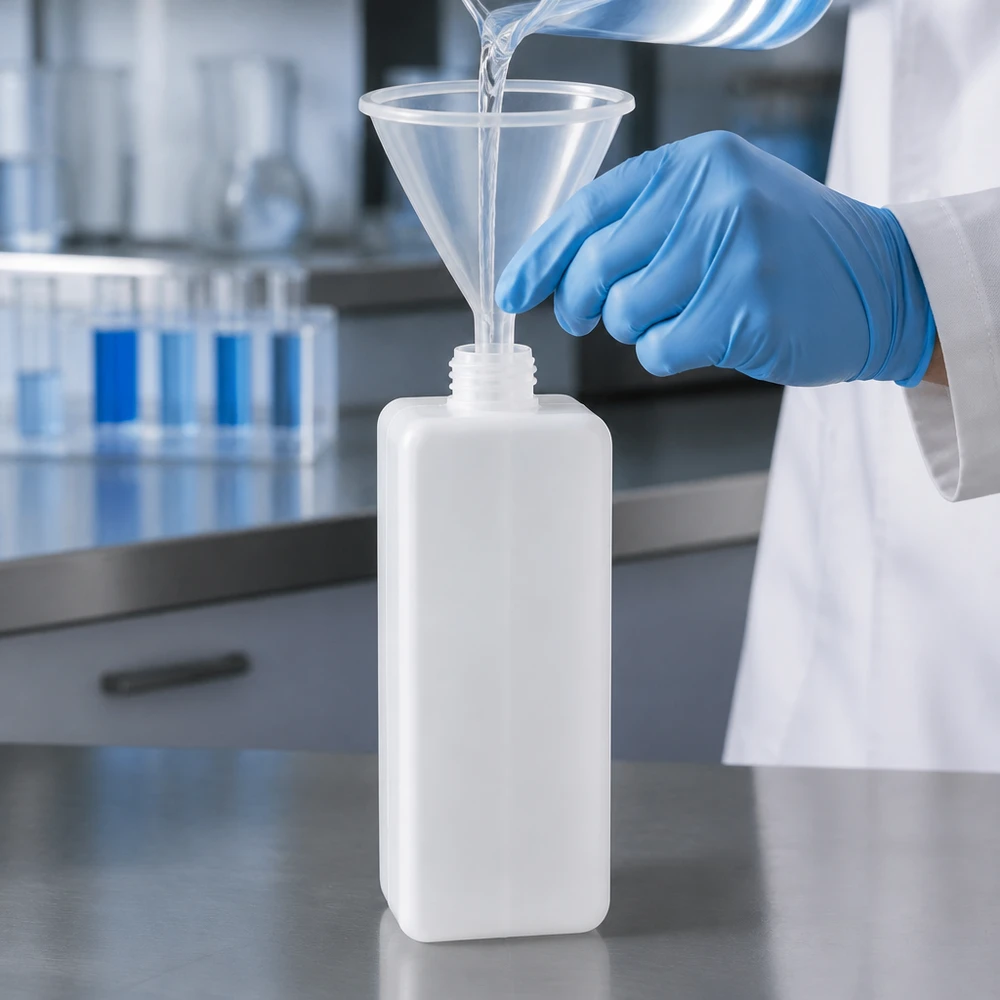 Chemicaliënfles 1000 ml, nauwe hals Chemicaliën veilig overgieten met een PE-HD-fles met smalle hals van 1000 ml, GL 32, en een laboratoriumtrechter