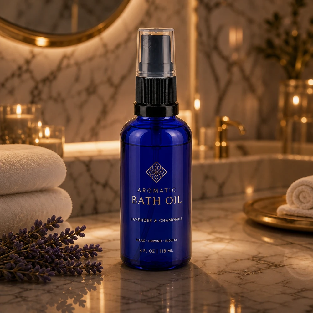 Kleine blauwe glazen spuitfles van 50 ml voor etherische badolie, naast verse lavendeltakjes