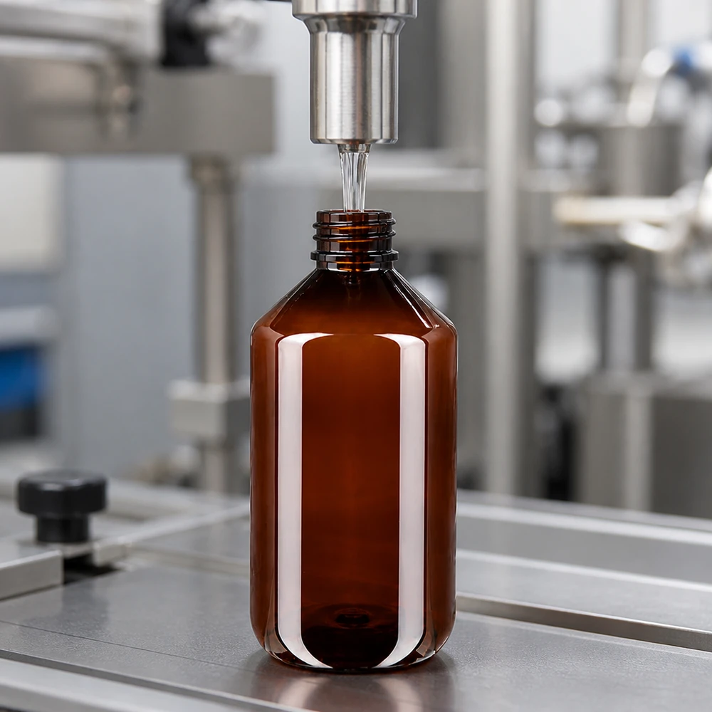 50 ml PET medicijnfles met verstuiver zwart GCMI 28/410 incl. dop transparant, standaard Lichtbestendige PET-fles van een halve liter met originaliteitssluiting in de productielijn