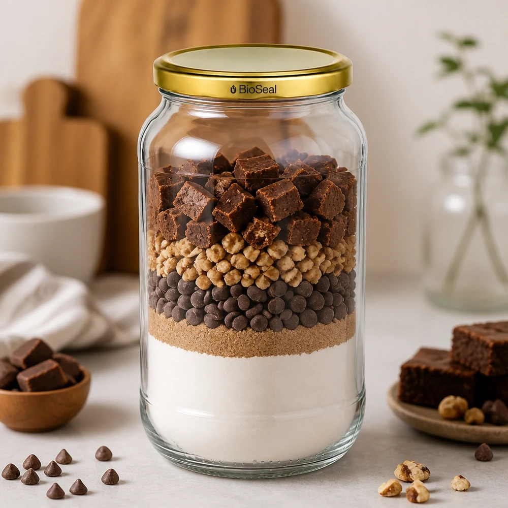1062ml rond glas met BioSeal deksel goud UNiTWIST UNiTWIST Runda1062 Lagenpot brownie mix chocolade noten TO82 BioSeal gouden deksel bakmix voorraadpot