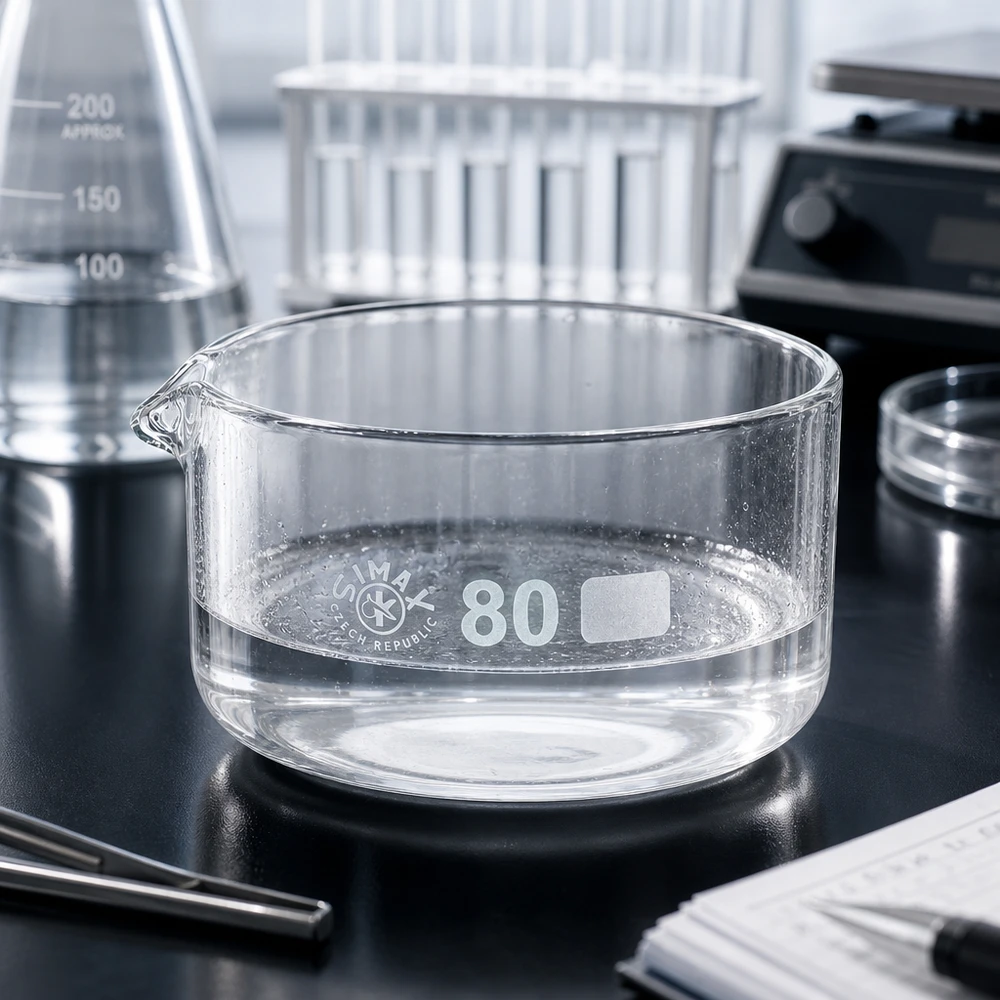 Kristalliseerschaal 150ml met schenktuit Lage cilindrische laboratoriumschaal van 150 ml met brede bodem en uitgietmond, vervaardigd uit laboratoriumglas, ø 80 mm