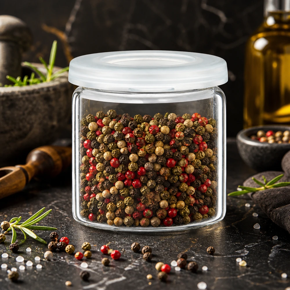 Kruidenpot-idee: 5ml tablettenglas helder glas incl. klikdeksel (rolrand glas) Doorzichtig kruidenpotje met een witte schroefdop en een mix van peperkorrels op een zwarte achtergrond