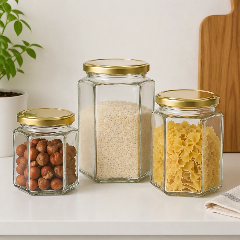 Drie 500g honingpotten BasicSeal verschillende maten gevuld met gouden deksels noten rijst pasta bewaren