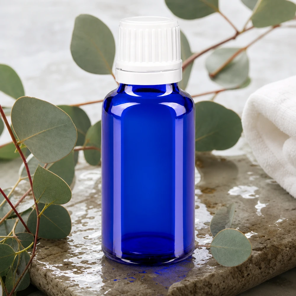 Blauwe glazen flessen 20ml met wit druppelsluiting 1.2mm VR Navulbaar blauw glazen flesje van 20 ml met veiligheidsdop en precisiedruppelaar met een opening van 0,7 mm
