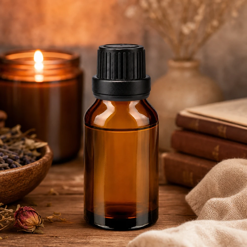 Bruine glazen fles 15ml met zwart schroefsluiting dicht. VR Lichtbeschermende bruine apothekersfles van 15 ml met schroefdop voor extracten van geneeskrachtige kruiden