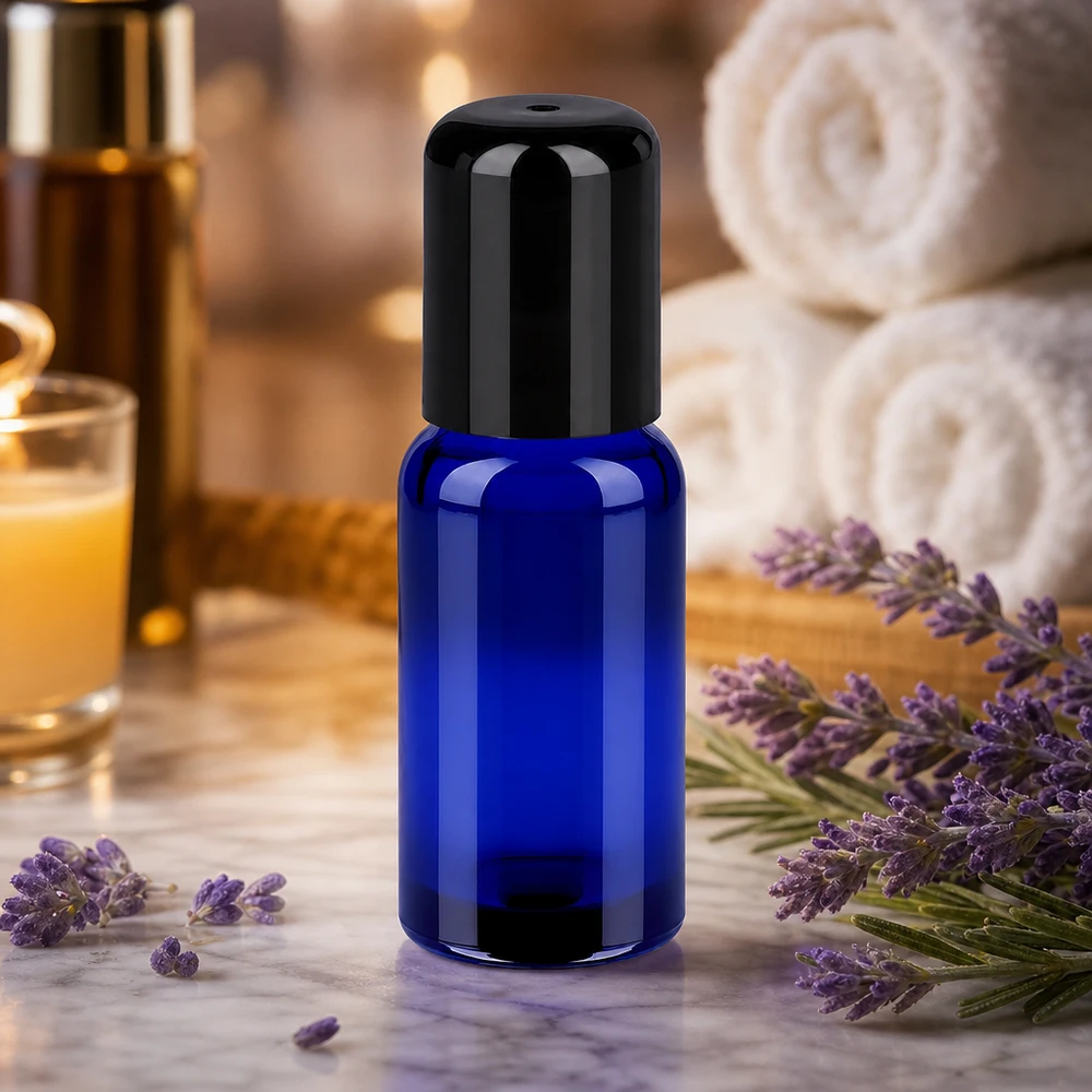 20ml flacon roll-on zwart STD BlueLine UT18/20 Rolcontainer 20ml in elegant blauw design met zwarte dop voor wellness