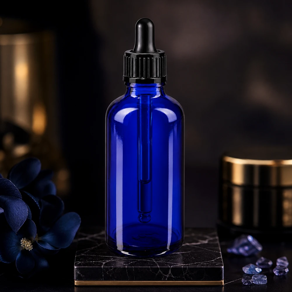 Blauwe glazen flessen 50ml met zwart druppelsluiting 1mm St Donkerblauwe fles van 50 ml van UV-bestendig glas met een zwarte pipet en een glazen buisje