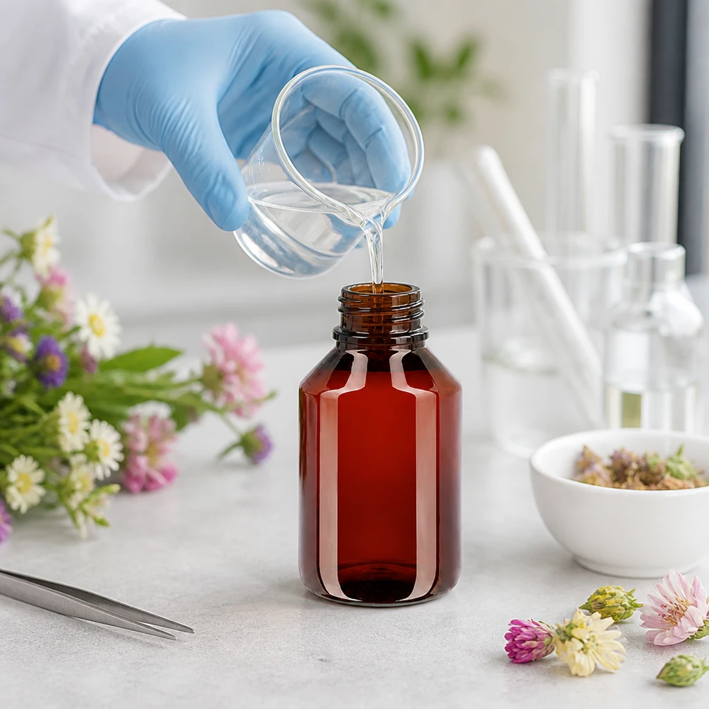Hersluitbare PET-fles van 50 ml, bruin met een wit klapdeksel, voor aromatherapie