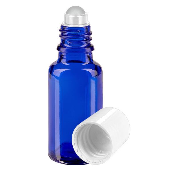 Apothekersflesje blauw 20ml roll-on cap wit Apothekersflesje blauw 20ml roll-on cap wit