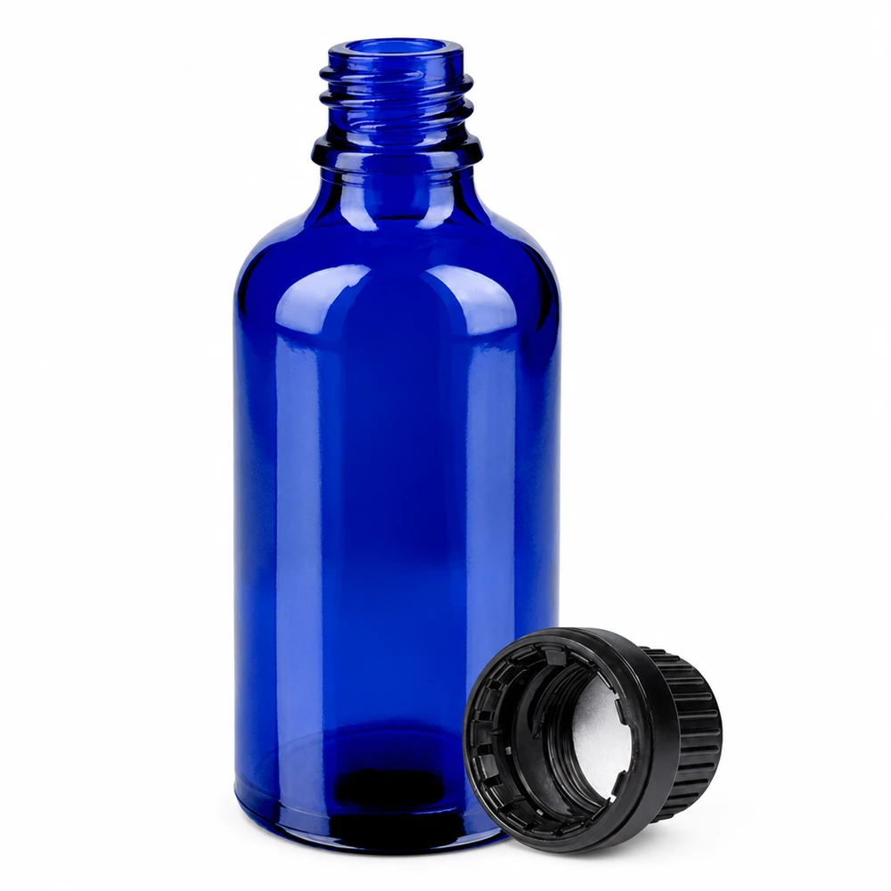 Klein blauw glazen flesje van 50 ml met verzegelstop voor aromatherapie en tincturen