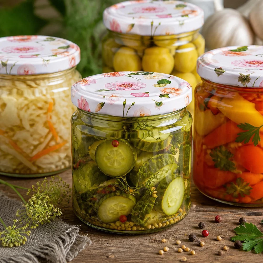 Inmaakpotten 330ml met gebloemde deksel gevuld met ingemaakte groenten komkommers olijven op houten tafel