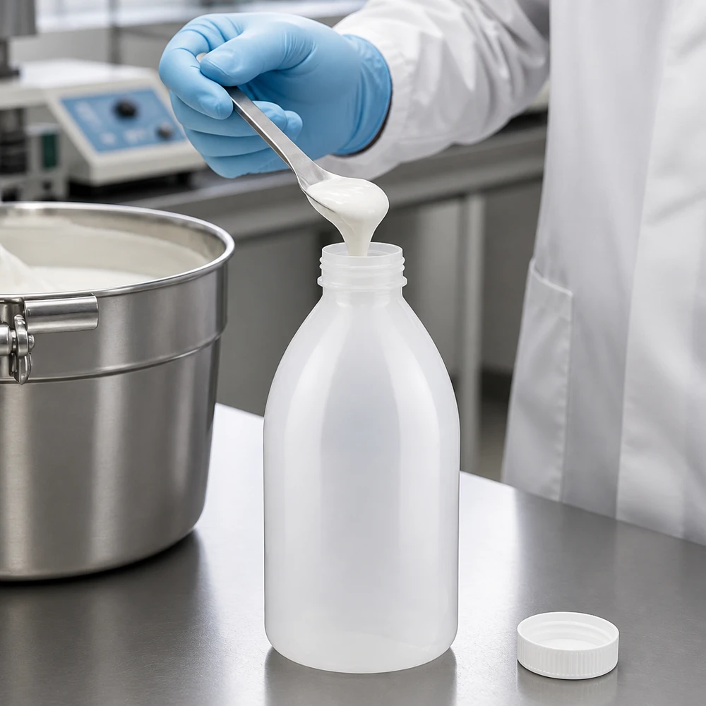 Nauwe hals laboratoriumfles 1000ml met schroefsluiting Schutzhandschuh hält Spatel über geöffnete 1000ml Enghals Flasche mit Schraubverschluss