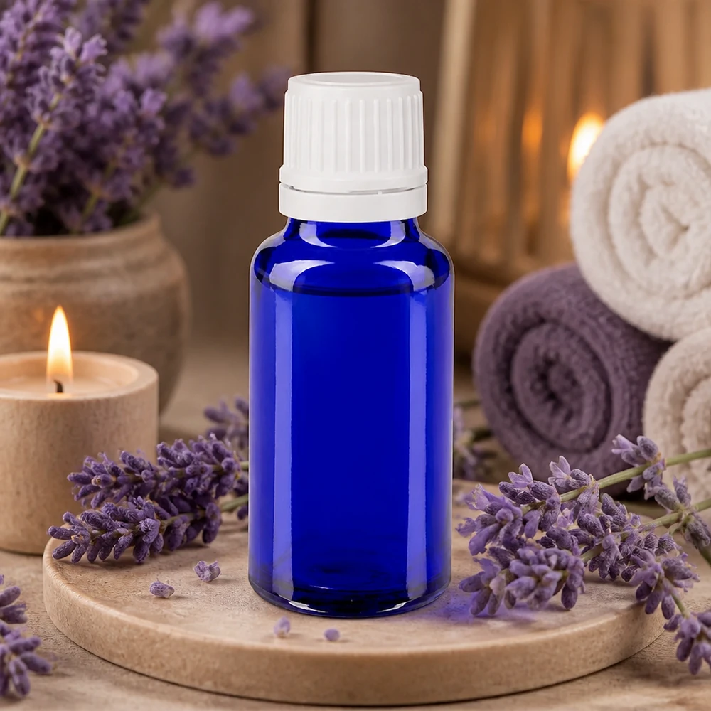 Blauw medicijnflesje van 20 ml met witte veiligheidsdop, ideaal voor lavendelolie en natuurlijke cosmetica