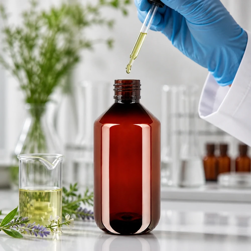 50 ml PET medicijnfles met verstuiver zwart GCMI 28/410 incl. dop transparant, standaard UV-schützende 500ml PET Flasche braun mit Originalitätsverschluss für Öle und Extrakte