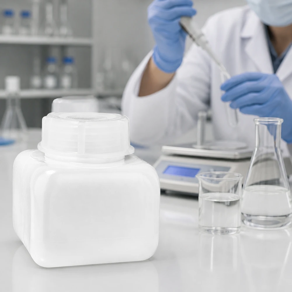 Chemicaliënfles 250 ml, wijde hals, incl. sluiting GL 50 Stevige kunststof fles van 250 ml met brede hals, PE-HD, naturel, met transparante veiligheidsdop