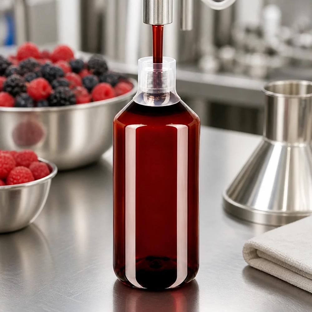PET Vorratsflasche 1000ml für Gastro mit rotem Fruchtsirup und Edelstahl Messbecher