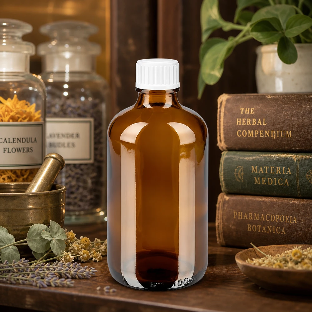 Bruine glazen fles 100ml met wit schroefsluiting St Lichtbeschermende fles van 100 ml, apothekersbruin glas met standaarddop (wit) in kruidenstijl