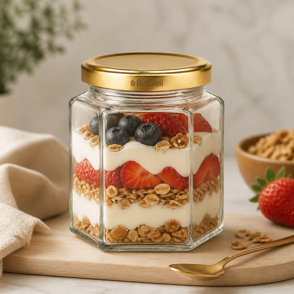390ml hexaglas met BioSeal deksel goud UNiTWIST UNiTWIST Hexa390 pot met TO70 BioSeal deksel gevuld met muesli yoghurt bessen als parfait op een houten plank