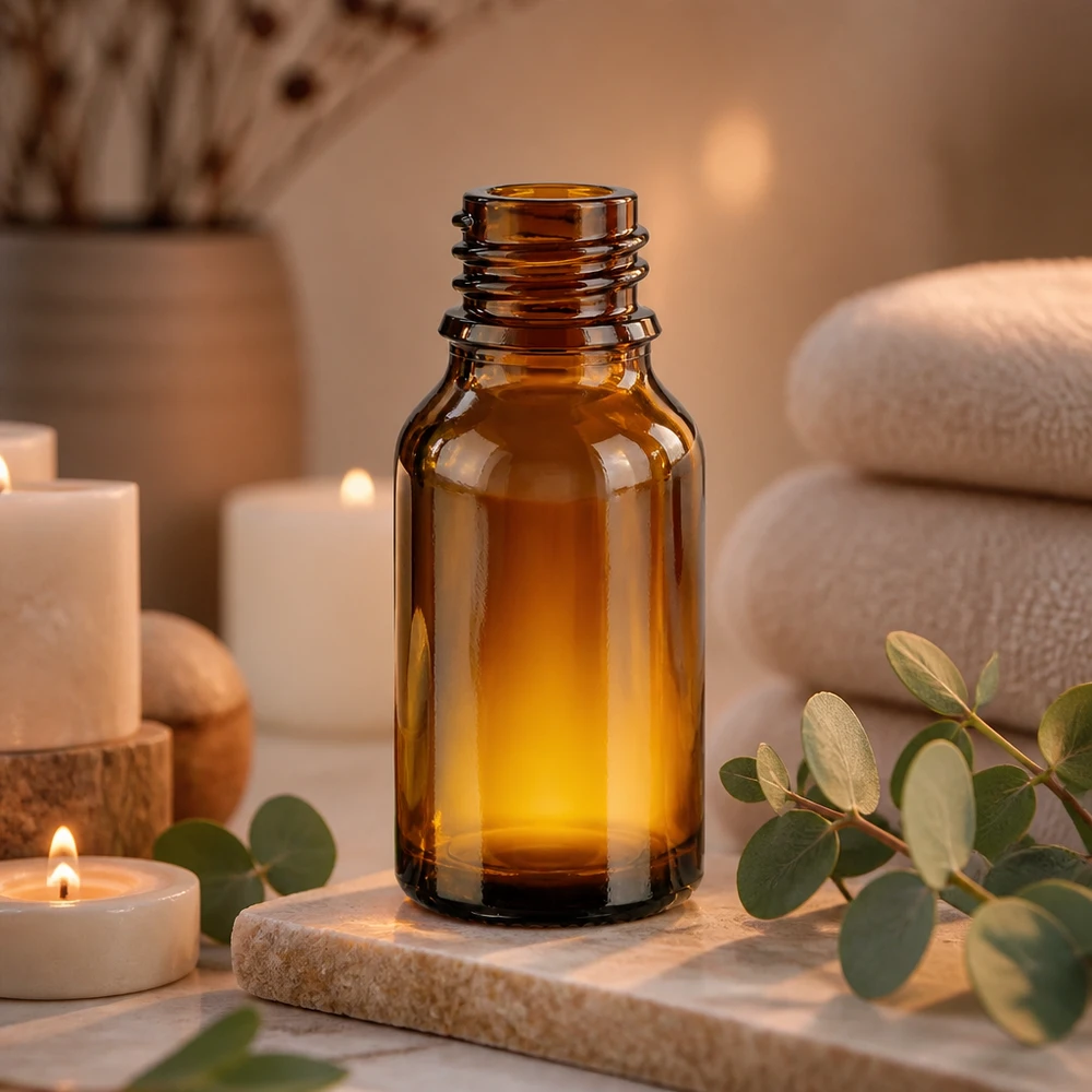 30ml bruin ApoGlas apothekersflesje hoge vorm wellness setting met eucalyptus takjes kaarsen stenen collectie