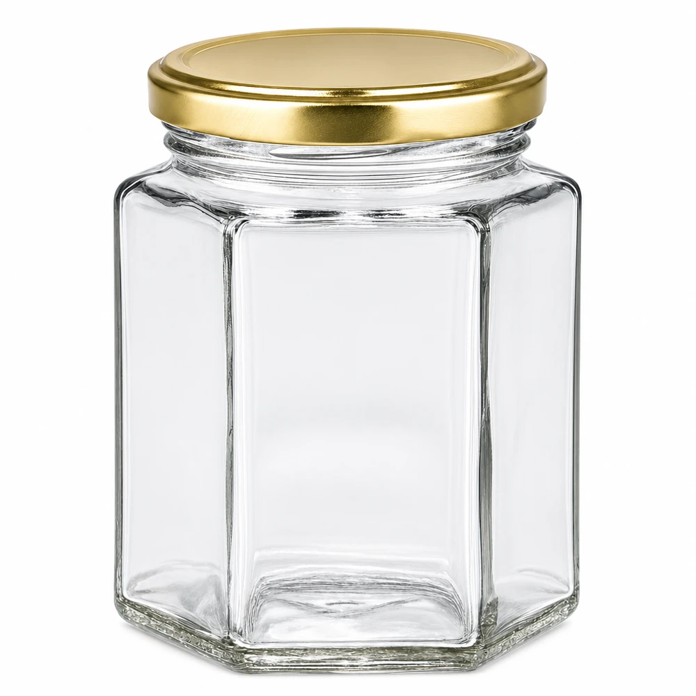 Honingpot 250g zeshoekig met gouden deksel BasicSeal leeg transparant voor het bewaren van honingjam