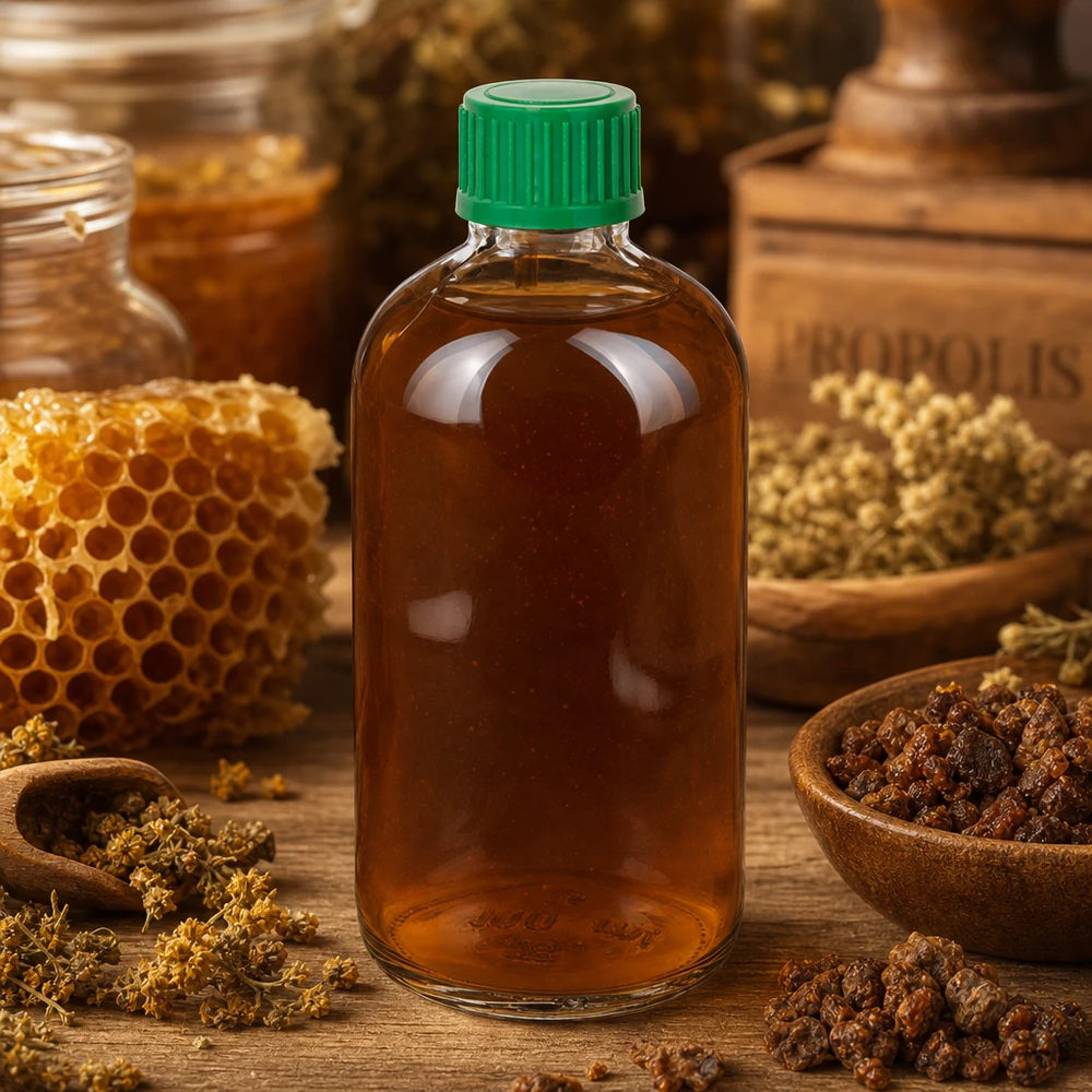 100ml druppelflesje 0.8mm groen STD ClearLine UT18/100 Een gevulde ClearLine-druppelfles van 100 ml met propolis-extract en honingraten op de achtergrond