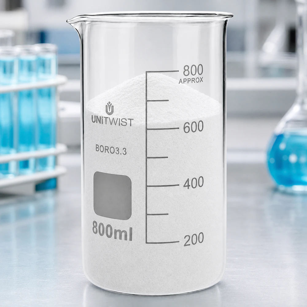 Laboratoriumbeker, hoge uitvoering, 800 ml, UNITWIST, met wit laboratoriumpoeder en schenktuit