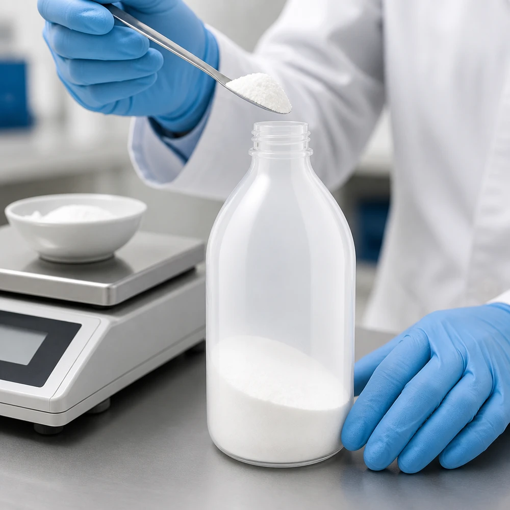 Laboratoriumfles van 500 ml met smalle hals, zonder dop, voor het afvullen van wit laboratoriumpoeder