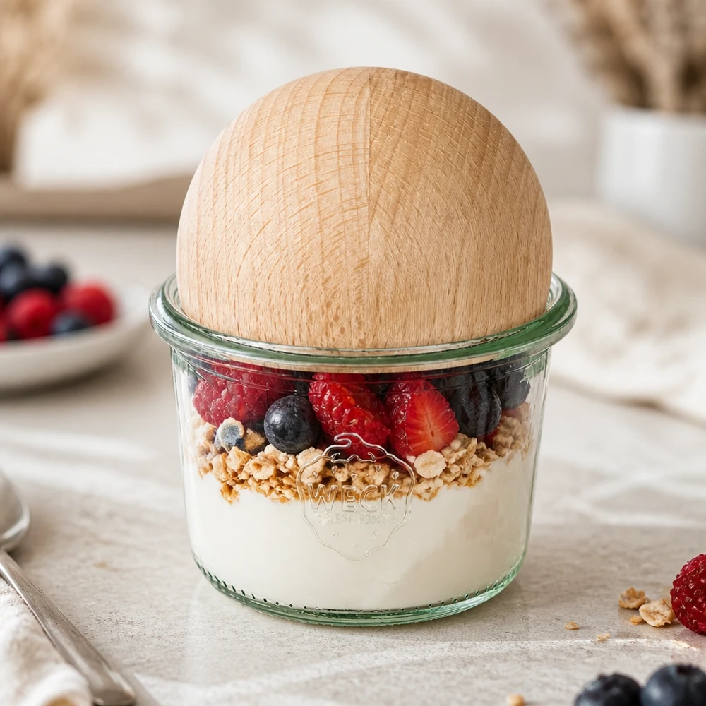 WECK 80ml RR60 bekers met beukenhouten bol gevuld met yoghurt, granola en bessen als ontbijtparfait
