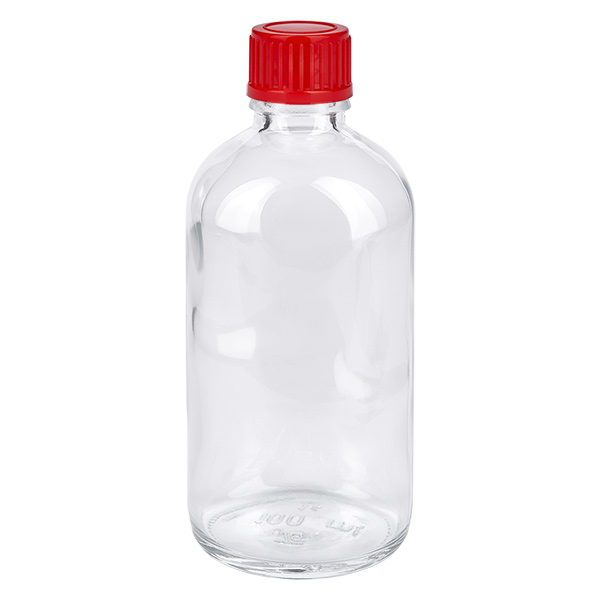 100ml fles 11mm SV rood STD ClearLine UT18/100 100 ml fles van helder glas met rode schroefdop, 11 mm, ClearLine-medicijnfles UT18/100