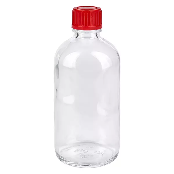 100 ml fles van helder glas met rode schroefdop, 11 mm, ClearLine-medicijnfles UT18/100