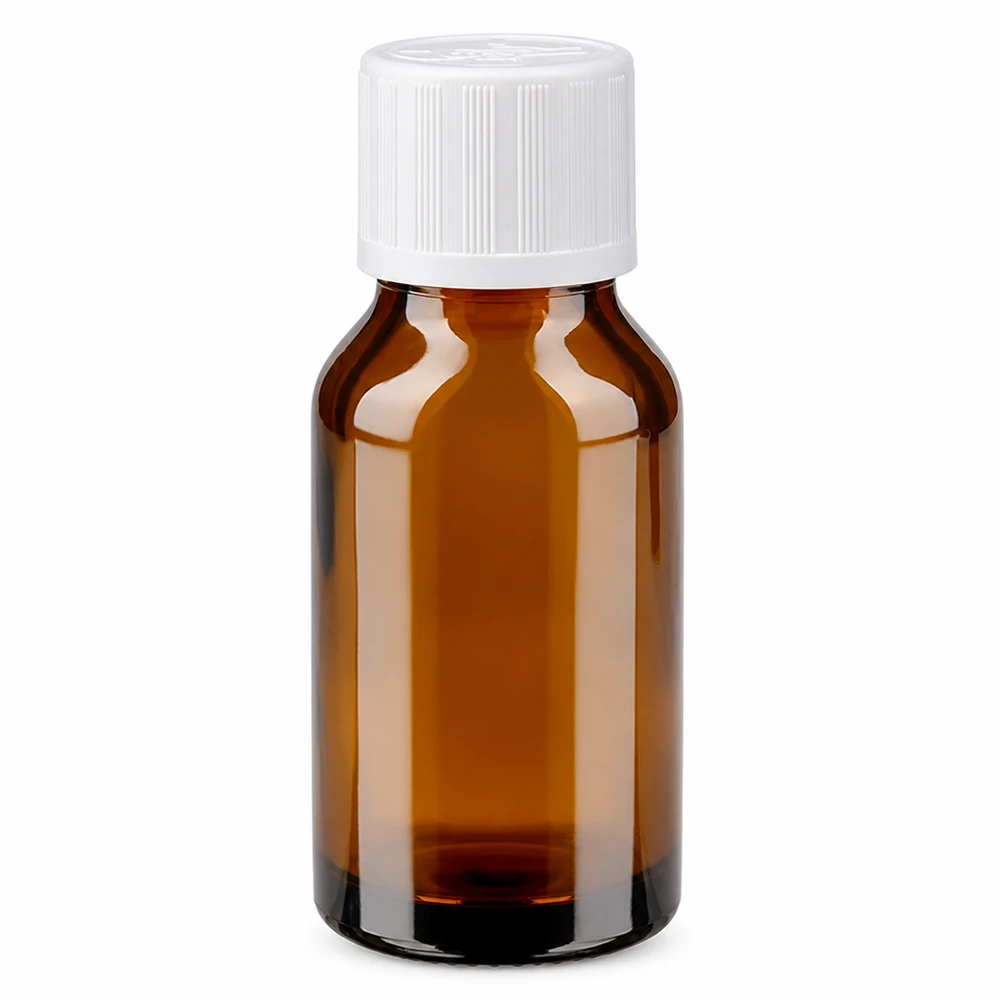 Farmaceutische bruine glazen fles van 15 ml met een kindveilige witte dop